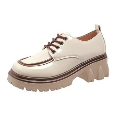 Imagem de CsgrFagr Senhoras estilo britânico cor combinando couro cadarço salto grosso moda casual sapatos únicos formais salto cunha feminino (branco, 7,5)