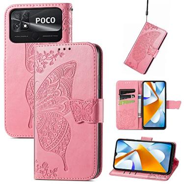 Imagem de Capas de telefone borboleta em relevo compatíveis com Xiaomi Poco C40 Poco C 40 Capa de couro com slots de cartão fashion clipe de carteira à prova de choque (rosa, Xiaomi Poco C40)