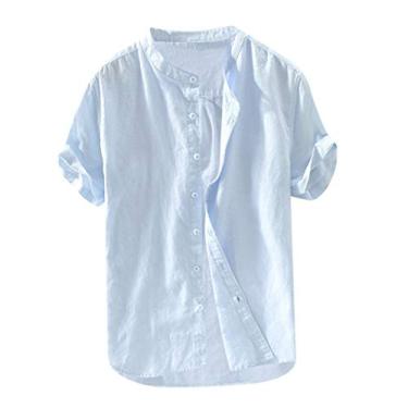 Imagem de YHEGHT Camisas de algodão blusa lisa de linho retrô camiseta masculina curta folgada manga de botão camisa social masculina e, Azul claro, M