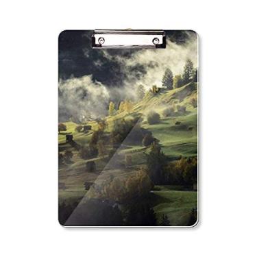 Imagem de Village Fog Hill Paisagem Floresta Prancheta Pasta Bloco de Escrita Placa de Apoio A4