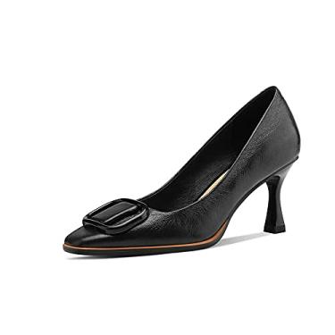 Imagem de TinaCus Sapato feminino de couro legítimo bico quadrado feito à mão com salto agulha médio com fivela, Preto, 5.5