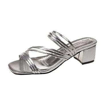 Imagem de Sandálias minimalistas femininas moda verão couro sólido combinação de banda fina bico aberto salto alto grosso, Prata, 7.5
