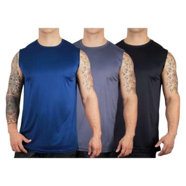 Imagem de Kit 3 Camisetas Regata Masculina Dry Fit Esporte Proteção UV Cor:1 Preta,1 Cinza,1 Marinho;Tamanho:P