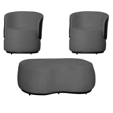 Imagem de Kit 2 Poltronas Decorativas e 1 Puff Grande Estilo Orgânico Beatriz Suede Composê Corino Preto - Estopar