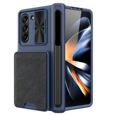 Imagem de LXURY Capa carteira para Samsung Galaxy Z Fold 5, capa à prova de choque de cobertura total com slot para cartão destacável, caneta stylus para câmera, capa de proteção de janela deslizante, azul, Z Fold 5 de 7,6 polegadas