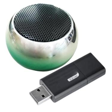Imagem de Kit Mini Caixa de Som Bluetooth Prata e Verde + Pen Drive 32gb Retrátil Compacto Em Metal