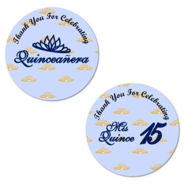 Imagem de 40 adesivos de quinze anos, etiquetas brilhantes redondas grandes de 5 cm, Thank You for Celebrating Mis Quince tema de aniversário de 15 anos, ótimo para lembrancinhas de festa, etiquetas, jogos e suprimentos. Feito nos EUA (azul)