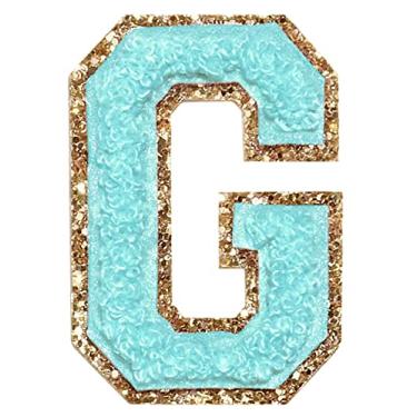 Imagem de 3 Pçs Chenille Letter Patches Ferro em Patches Glitter Varsity Letter Patches Bordado Bordado Borda Dourada Costurar em Patches para Vestuário Chapéu Camisa Bolsa (Azul, G)