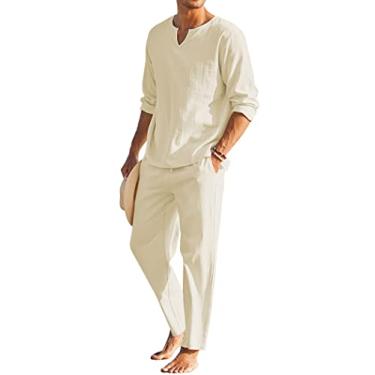 Imagem de COOFANDY Conjunto masculino de 2 peças de algodão e linho Henley camisa manga longa e calça de praia casual roupas de ioga de verão, Cáqui claro, 4G