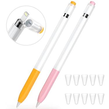 Imagem de JOOSKO Estojo compatível com Apple Pencil 1ª geração, [2 unidades] de silicone macio [com 10 pontas] (amarelo, rosa)