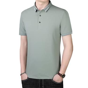 Imagem de Polos masculinos com gola listrada, camisa de algodão de cor sólida, manga curta, gola leve, atlética e macia(Color:Light Green,Size:XL)