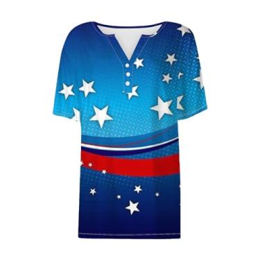 Imagem de Camiseta patriótica feminina fofa 4th of July Henley Neck Shirt Star Stipes camiseta bandeira americana, Azul-celeste, G