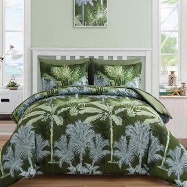 Imagem de WONGS BEDDING Jogo de cama queen botânico, 7 peças, verde-oliva com palmeira, reversível, de microfibra macia reversível, edredom de cima, lençol de cima, lençol com elástico, fronhas e fronhas
