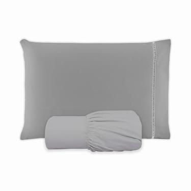 Imagem de Jogo de Lençol SOLTEIRO 2 Peças 100% Algodão 200 Fios Lençol Com Elastico Lençol e Fronha Com PONTO PALITO (CINZA, SOLTEIRO 2 PEÇAS)