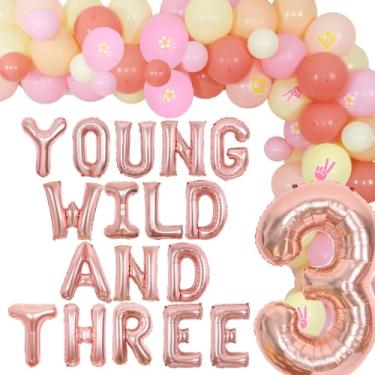 Imagem de Groovy Decorações de festa de 3º aniversário, Kit de guirlanda de balões de flores jovens selvagens e três margaridas, suprimentos de festa de terceiro aniversário retrô retrô para meninas