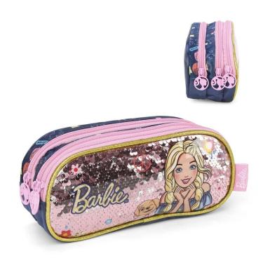 Imagem de Estojo 3 Divisória Barbie Fashion Pet Paetê Azul Luxcel