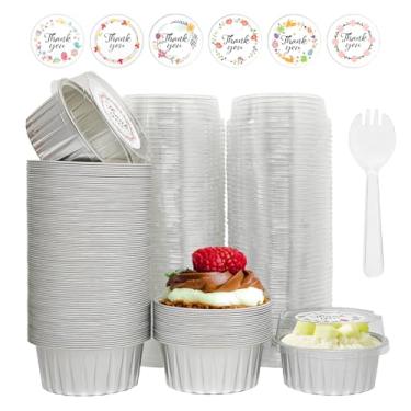 Imagem de 100 peças de mini formas de bolo com tampas e 100 peças de colheres, copos de alumínio para assar, copos descartáveis de 142 g, ramequins de folha para festa, aniversário, casamento, dia dos namorados