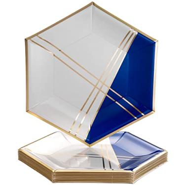Imagem de Pratos de papel com design abstrato | Pratos de jantar hexagonais | Coleção Deco | 26 cm | Azul