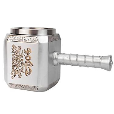 Imagem de JIUMOZHI Caneca Thor Hammer Tankard Decorações Estilo Nórdico de Aço Inoxidável Resina Mitologia Nórdica Caneca de Cerveja Mjolnir com Saca-Rolhas Copo de Café Leite 450 ml (Prata)
