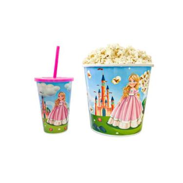 Imagem de Balde De Pipoca Kit Com Copo Desenhos Decorativos Divertido Personaliz
