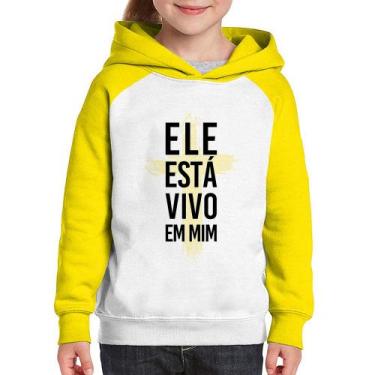 Imagem de Moletom Infantil Ele está vivo em mim - Foca na Moda, Branco, Amarelo,