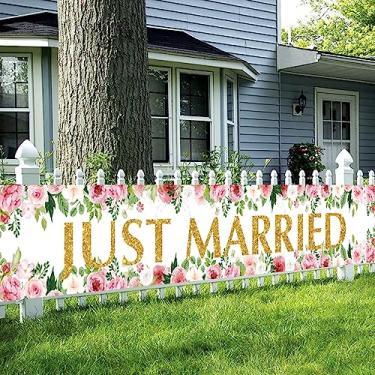 Imagem de LOONELO Faixa de fundo de casamento Just Married Long Garden Outdoor com 300 cm x 40 cm, placa floral de chá de panela para chá de panela, decoração de festa de noivado de casamento, fundo fotográfico (branco)