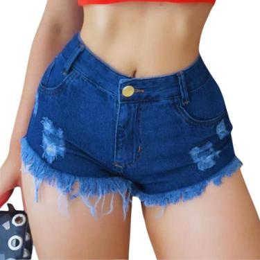 Imagem de Short Jeans Feminino Escuro Cintura Alta Botão Dourado Zíper Ruídos Ba