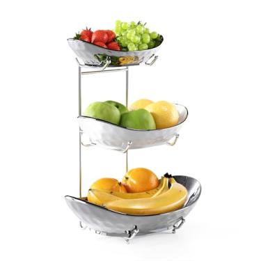 Imagem de Acliys Tigela de frutas, cesta de frutas de cerâmica de 3 níveis, tigela de servir com prateleira de metal, tigelas de cozinha de porcelana para armazenamento de frutas e vegetais, salgadinhos, nozes,