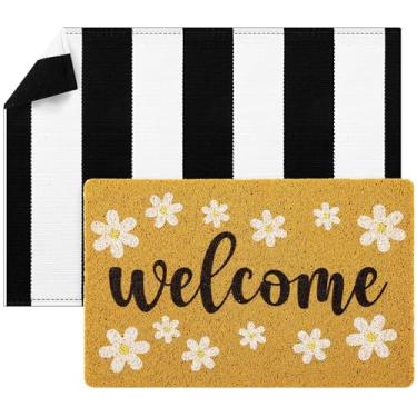 Imagem de Fabbay 2 peças capacho de boas-vindas margarida capacho engraçado primavera capacho listrado preto e branco decoração da porta da frente com tapete antiderrapante para presente de inauguração de casa cozinha interior exterior