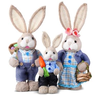 Imagem de Wesiti Conjunto de 3 decorações de coelhinho da Páscoa de sisal 35,1 cm 25,9 cm decorações naturais de palha de páscoa estatueta de coelho estátuas de mesa para escritório, casa de fazenda, primavera