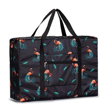 Imagem de PAXLamb Bolsa de viagem dobrável bolsa de viagem bolsa de viagem bolsa de viagem leve bolsa de viagem bolsa bolsa bolsa bolsa bolsa bolsa bolsa bolsa bolsa bolsa bolsa bolsa bolsa bolsa bolsa bolsa de viagem à prova d'água organizador de bagagem, Black Flamingo