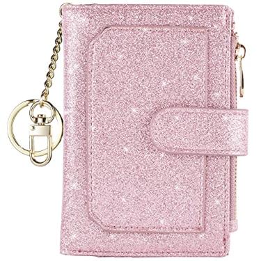 Imagem de Carteira feminina RFID pequena compacta de couro dobrável porta-cartões com zíper e bolso, Glitter roxo claro, Medium, Compacto