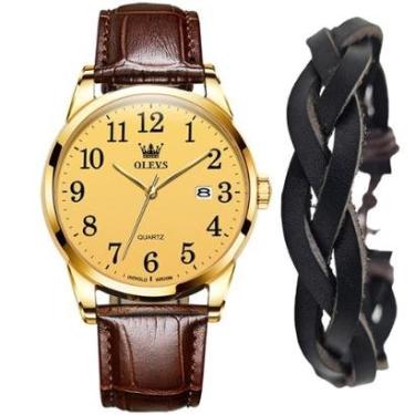 Imagem de Kit Relógio Casual Masculino Olevs Luxo Gold Bracelete Couro-Masculino
