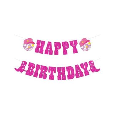 Imagem de HQKJGSYX Faixa de feliz aniversário 3M Banner personalizado bola de discoteca decoração de festa de aniversário rosa choque glitter festa feliz aniversário bola discoteca banners para meninas 70 anos
