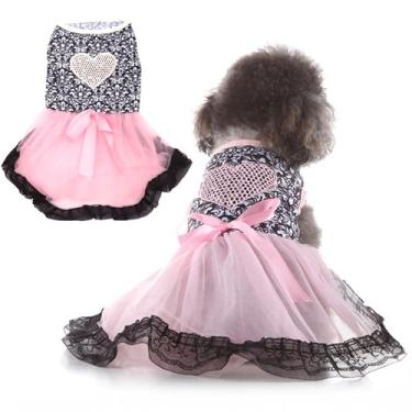 Imagem de Vestido de fantasia de cachorro G, top floral preto com saia e laço de tule rosa, roupa de animal de estimação de coração com glitter para cães e gatos de 5 a 5,9 kg, roupas românticas de férias