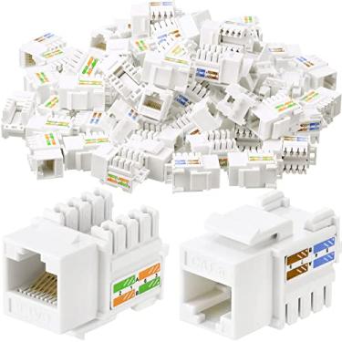 Imagem de Hoteam 100 peças de cabo Cat6 RJ45 Keystone Jack UTP Modular Ethernet Jack Inserção 90 graus, adaptador Keystone Punch Down para conexão segura (branco)