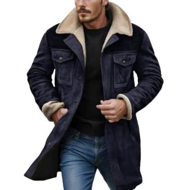 Imagem de DeHeMuka Casaco masculino de camurça forrado com sherpa, jaqueta longa de inverno com bolsos, Azul marino, GG