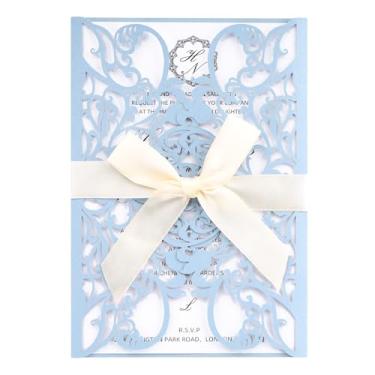 Imagem de Maffily Kit de convite de casamento azul claro com 50 peças de convites cortados a laser com envelopes e cartões Rsvp fitas para chá de bebê de casamento Xv Anos Aniversário Doce 16 Convite Marmelo