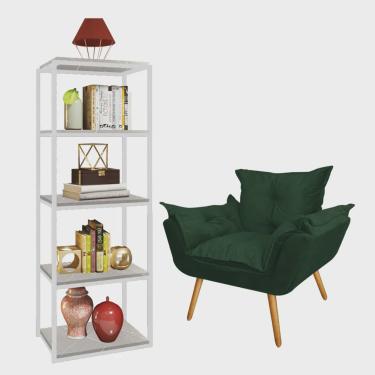 Imagem de Kit Poltrona Fatte com Estante Livreiro Ferro Branco mdf Marmorizado Cinza Suede Verde Musgo - Ahazzo Móveis