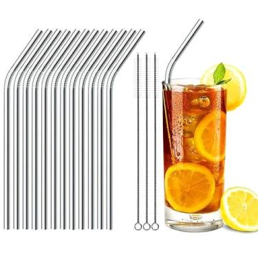 Imagem de Kit 12 Canudo Reutilizável Ecológico Aço Inox Curvo 3 Escova - IDEA+PR
