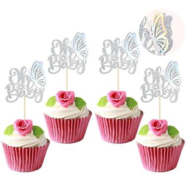 Imagem de Gyufise 36Pcs Butterfly Oh Baby Cupcake Toppers Silver Glitter 3D Butterfly Baby Shower Cake Topper Decorations for Butterfly Theme Baby Shower Kids Boys Girls Birthday Party Supplies