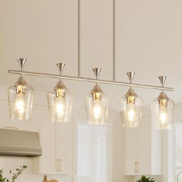 Imagem de UnicozoHome Luminária/Lustre De Sala De Jantar Sobre A Mesa, Iluminação De Ilha De Cozinha Com 5 Luzes Pendentes Para Lustres Lineares De Fazenda, Luminárias Pendentes De Teto Modernas Em Prata, Com