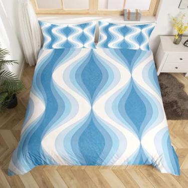 Imagem de Feelyou Jogo de cama Queen Size geométrico ondulado para crianças, meninos, meninas, arte moderna, conjunto de capa de edredom azul e branco, decoração de quarto, capa de cama, sem enchimento
