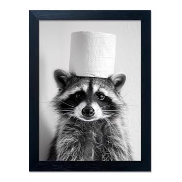 Imagem de Arte de parede de banheiro preto e branco engraçado guaxinim decoração de parede animal guaxinim com um rolo de papel higiênico na cabeça linda imagem emoldurada vaso sanitário humor decoração pintura