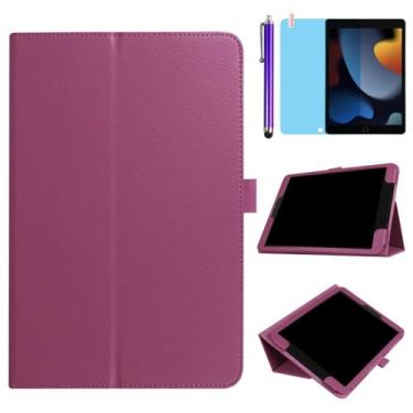 Imagem de Capa para iPad de 10,2 polegadas 2021/2020/2019 (iPad 9ª/8ª/7ª geração), capa protetora completa com suporte dobrável de couro fino, com caneta Stylus, película de tela (roxa)