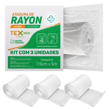 Imagem de Atadura Rayon Estéril Bandagem Texmed 7,5cmx5m Kit c/ 3 unid