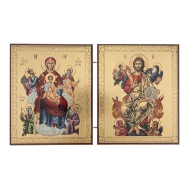 Imagem de Ícone ortodoxo Díptico – Theotokos e Cristo Pantocrator – Ícones cristãos bizantinos para casa, canto de oração ou viagem – presente religioso – 5,3 polegadas (Theotokos com profetas e Cristo em