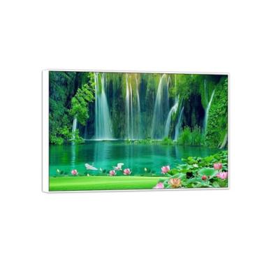 Imagem de MUHJDYC Paisagem quadros arte mural - lago cascata lótus - natureza impressões em tela - moldura branca imagem decoração sala de estar modernos 120 x 80 cm