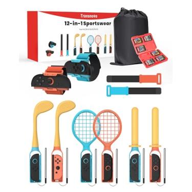 Imagem de TRANSNOVO 12 in 1 Switch Sports Accessories Bundle Set for Nintendo Switch/OLED/Switch 2, Sports Games Family Kit with Golf Clubs, Tennis Rackets, Swords, Wrist & Leg Straps, Carry Bag Included