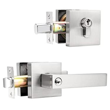 Imagem de Probrico Maçaneta de entrada quadrada com conjunto de fechadura de cilindro duplo pacote combinado com chave (para escritório e porta da frente), fechadura de porta de entrada de níquel acetinado